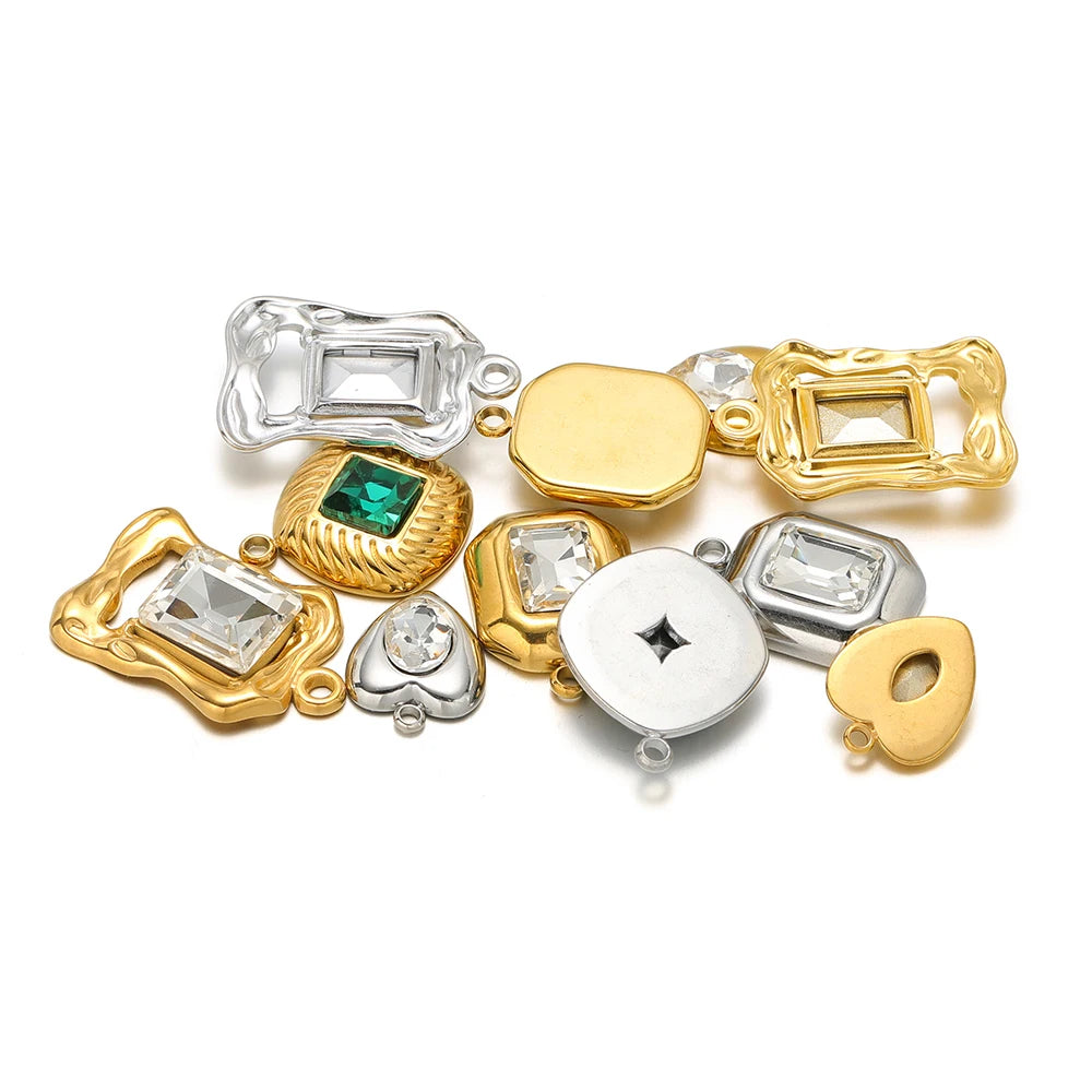 Assorted square charm pendants with rhinestones, gold and silver mixed assortment