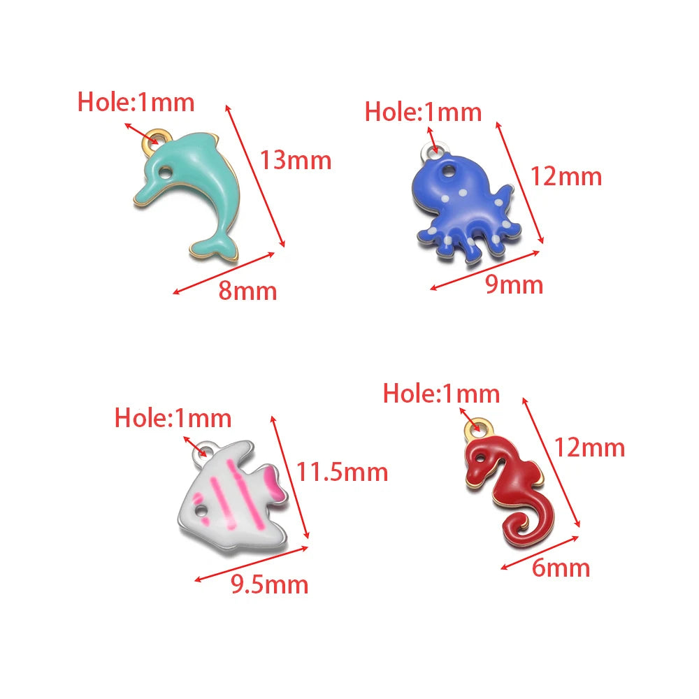 Marine animal charm size chart with 1mm holes and labeled dimensions per style
