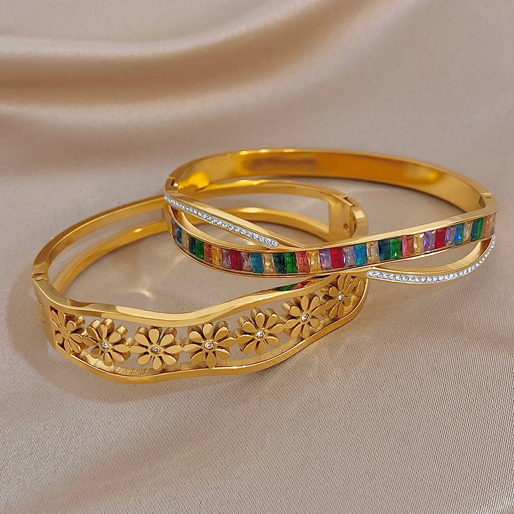 Delicate Colorful Zircon Flower Wave Wide Bracelet for Women Trendy Gold Plated Stainless Steel Cuff Bangles Waterproof Jewelry