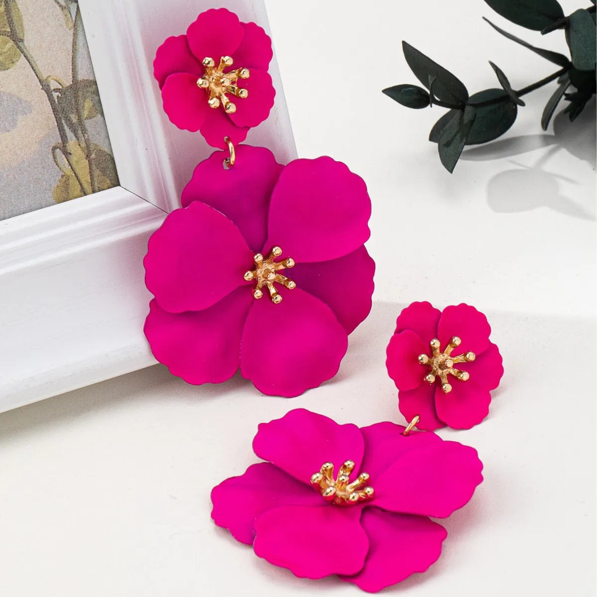Fuchsia double flower drop earrings with gold-tone accents