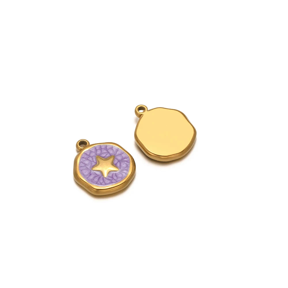 Enamel star charm pendant with purple enamel and gold star on round bezel