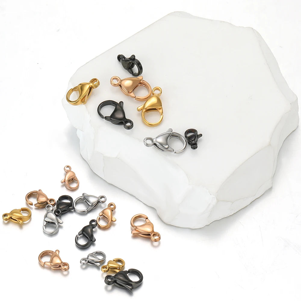 Assorted lobster clasp hooks in gold, rose gold, silver, and black set
