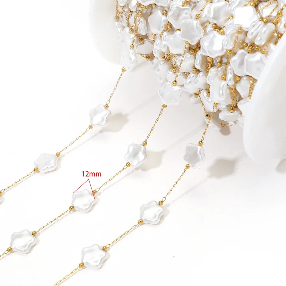 Gold-tone chain with white artificial pearl flowers, 12mm charm size shown