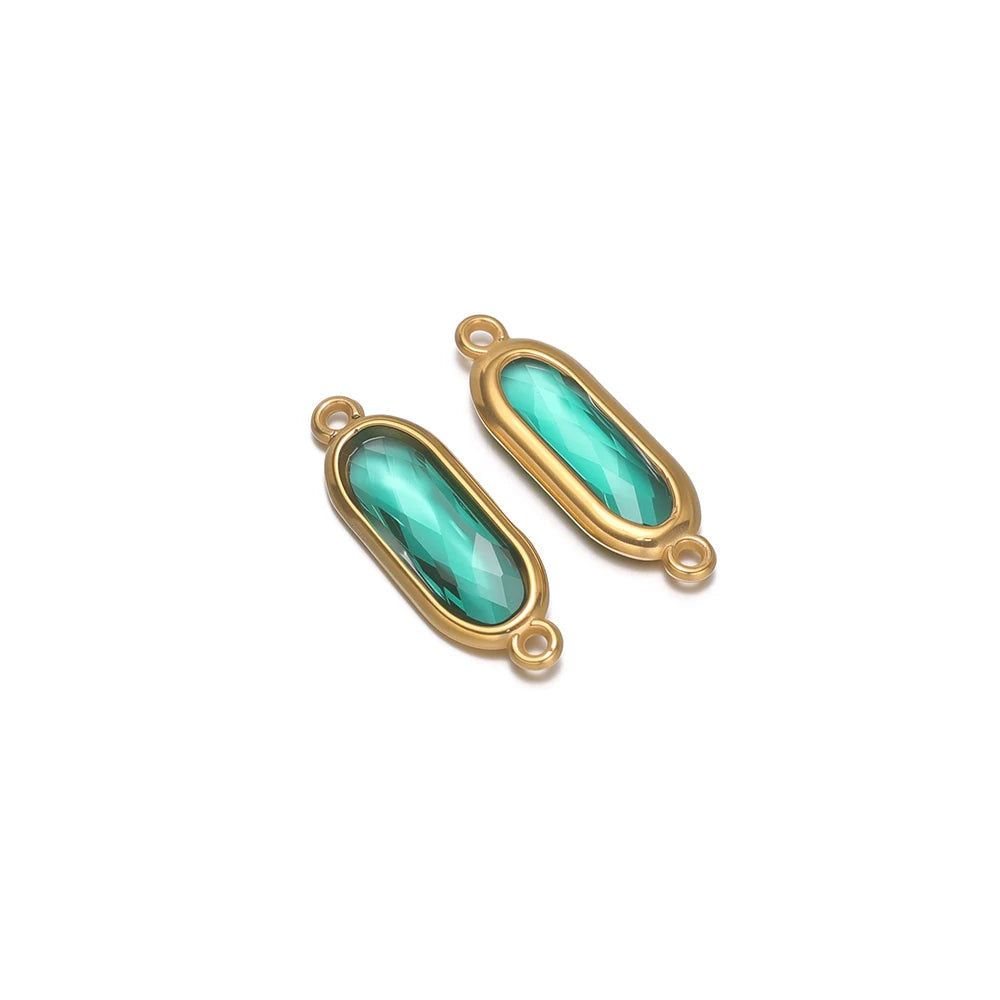 Stainless steel oval glass charm connector, teal glass with gold-tone frame and 2 loops
