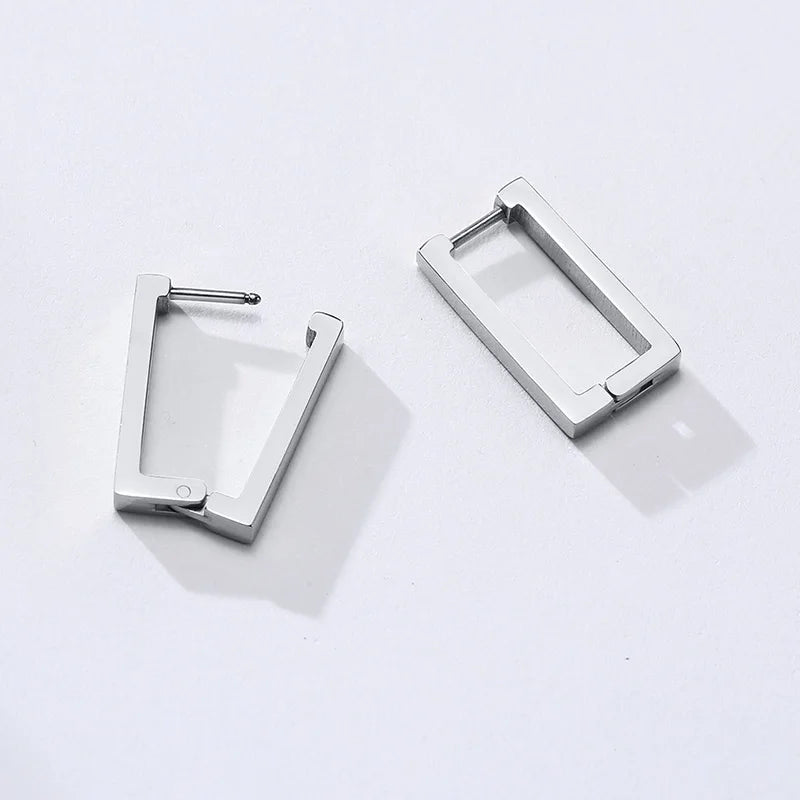 Silver rectangular hoop earrings, one open to show the hinged clasp