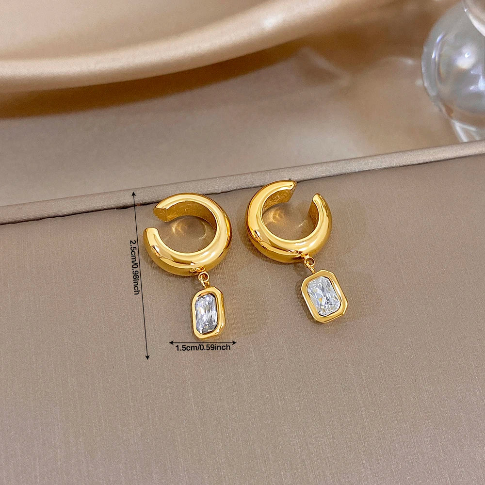 Gold-tone hoop ear clip earrings, 1.5 cm length, with square zirconia drops