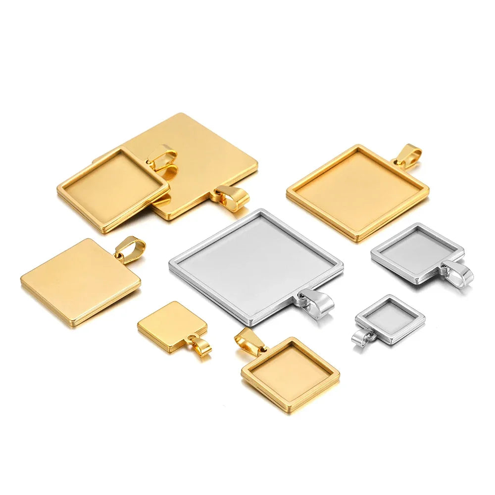 Square pendant trays with bail for cabochon inserts, mixed gold and silver set
