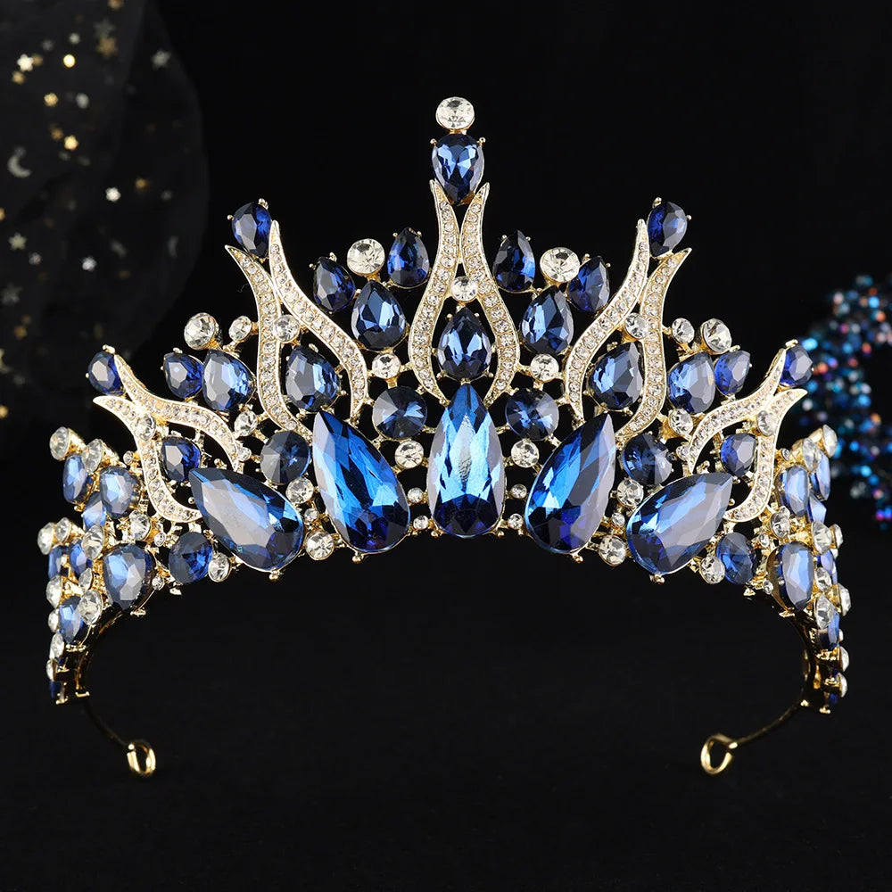 Rhinestone tiara headpiece with blue and silver crystals in ornate crown design