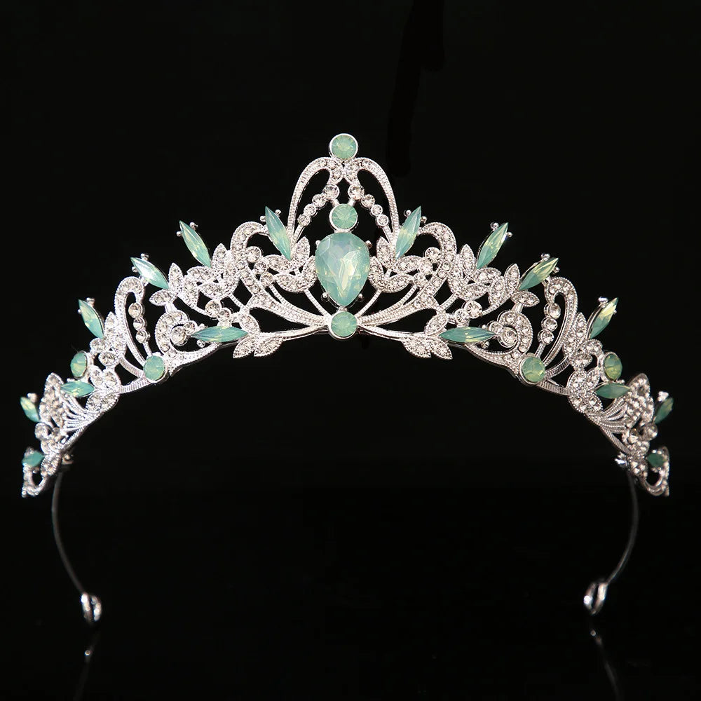 Jeweled bridal tiara crown with mint green oval gemstones and clear crystal leafwork