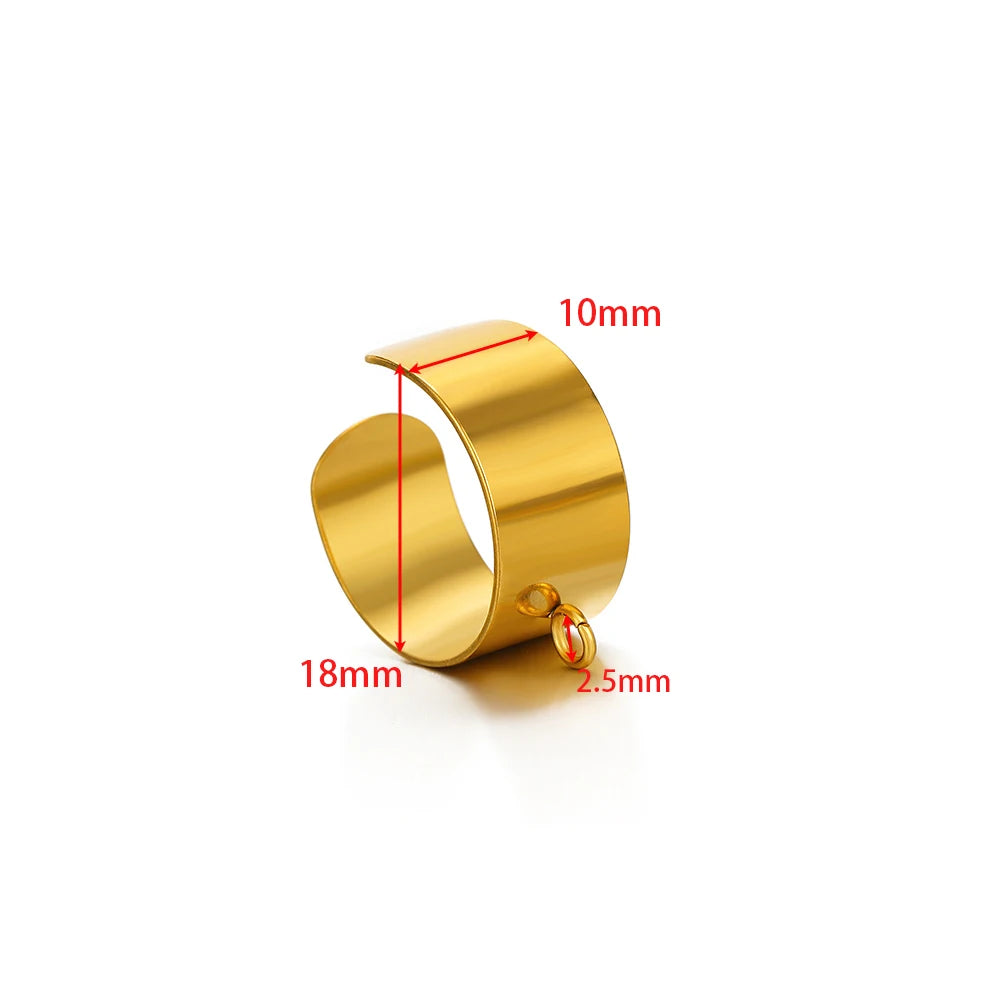 Gold open ring base size: 10mm width, 18mm length, 2.5mm thickness
