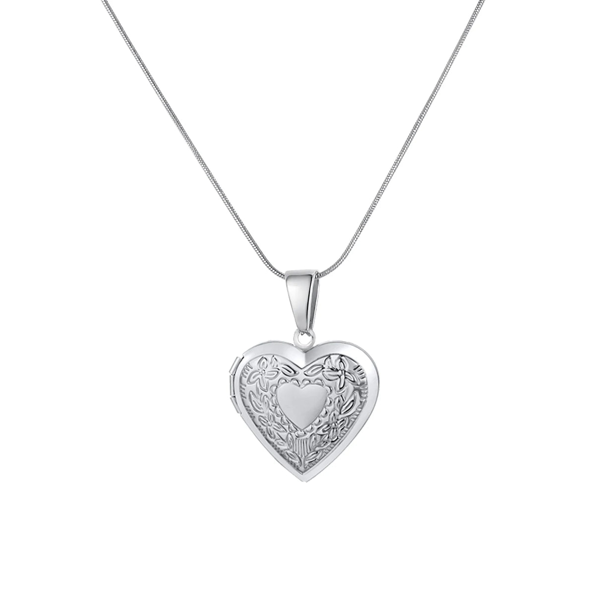 Silver heart pendant necklace with engraved heart frame and silver chain