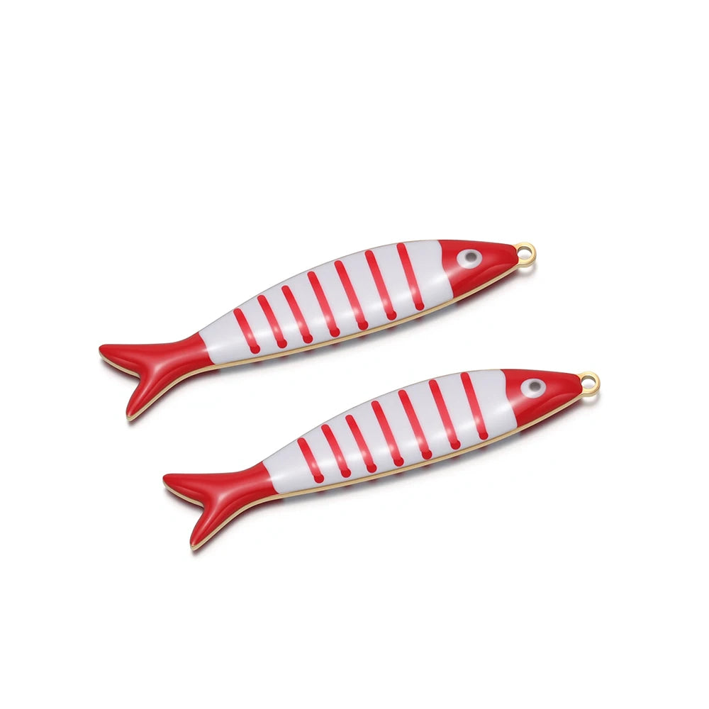 Pair of striped fish enamel charms, red fins with red stripes, gold loops