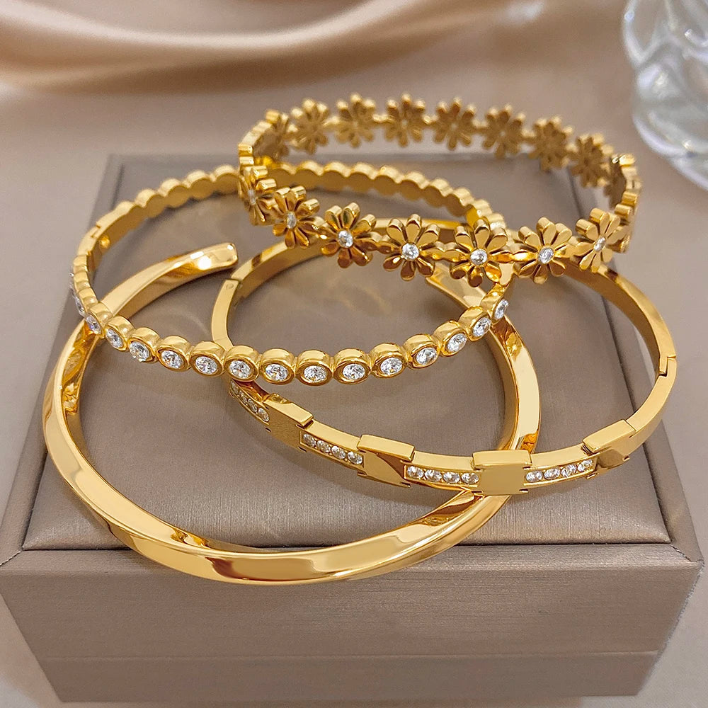Delicate Zircon Flower Geometric Cuff Bangle for Women Glossy Gold Plated Stainless Steel Wristband Bracelets Waterproof Jewelry