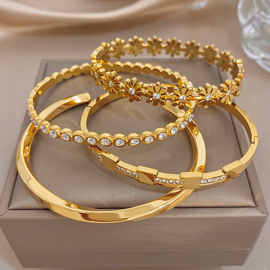Delicate Zircon Flower Geometric Cuff Bangle for Women Glossy Gold Plated Stainless Steel Wristband Bracelets Waterproof Jewelry