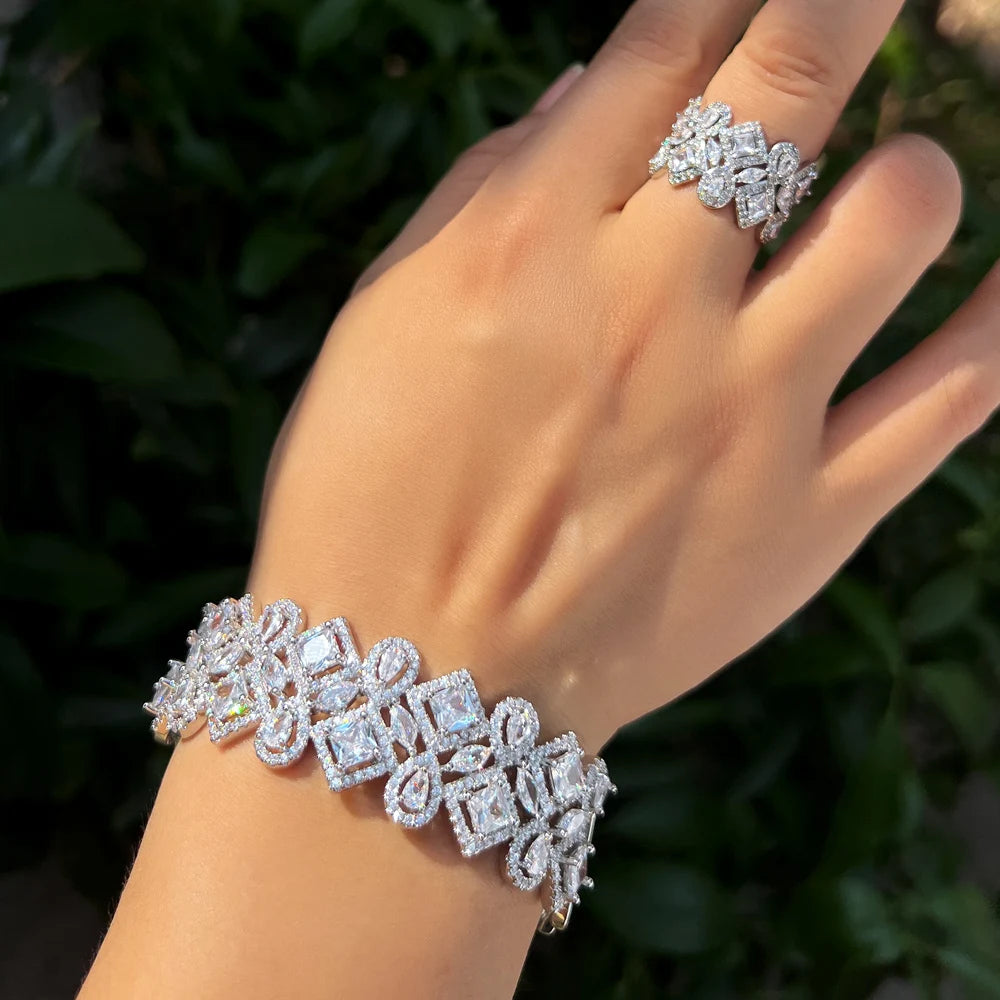 Cubic zirconia open cuff bracelet with clear stones, silver-tone, worn on wrist