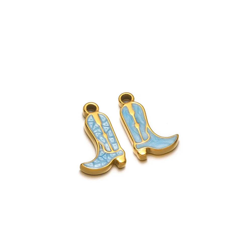 Gold-tone cowboy boot charm set with light blue inlay, two charms