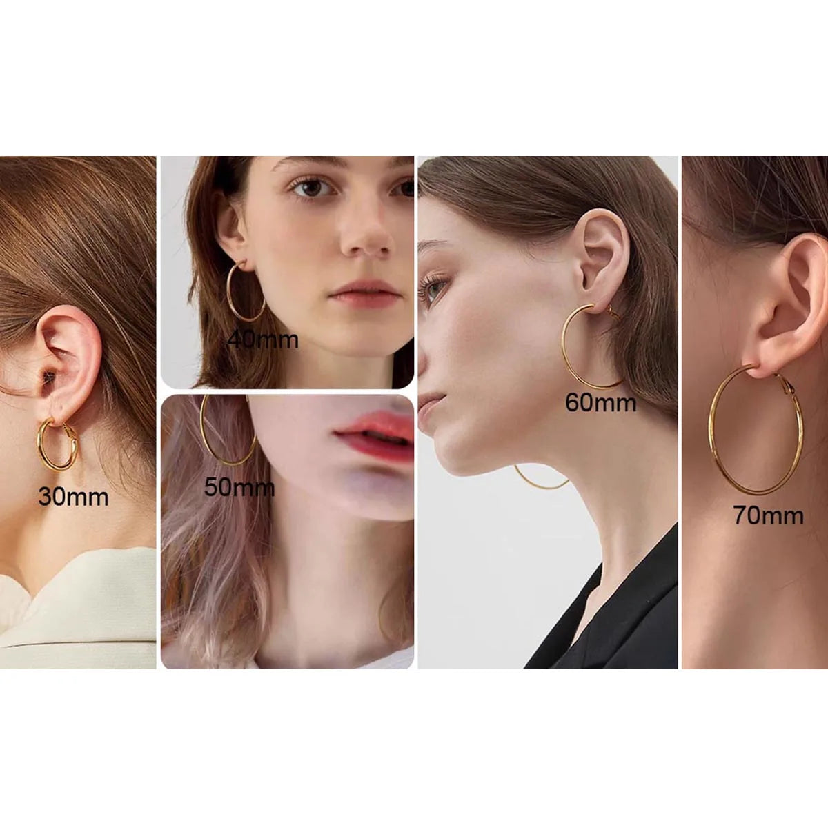 Gold-tone hoop earrings shown worn in five sizes, from 30 mm to 70 mm.