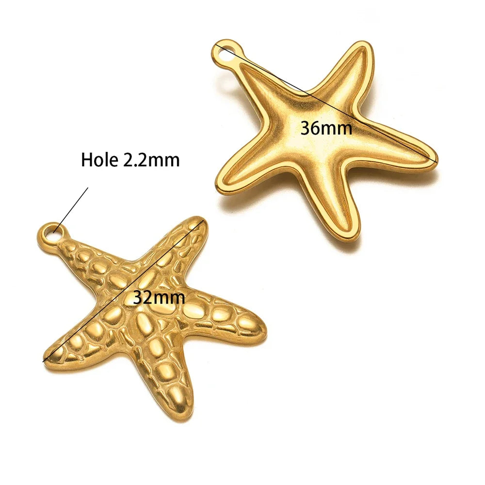 Gold starfish charm pendants, 36mm and 32mm, with 2.2mm holes