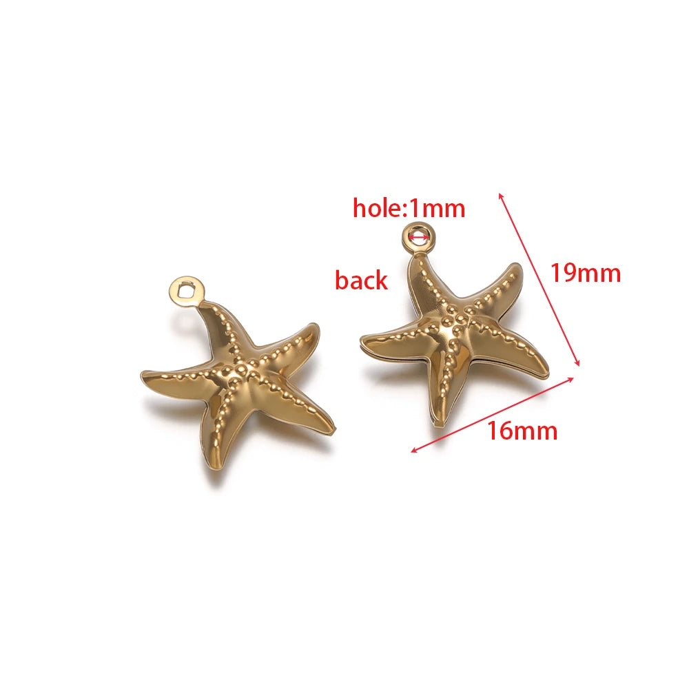 Gold starfish-shaped stainless steel hollow charm with round loop, for necklace or earrings