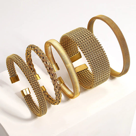 Vintage Gold Plated Stainless Steel Weave Bracelet for Women Men Exquisite Chunky Cuff Bangle Bracelets Waterproof Jewelry