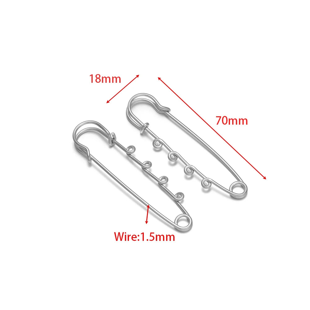 Silver-tone multi-hole safety pin brooch fasteners, 70mm, set of 5