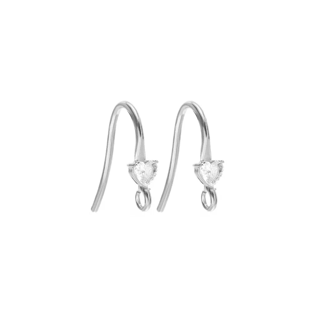 Silver-tone ear wire hooks with heart-shaped clear crystal drop charms