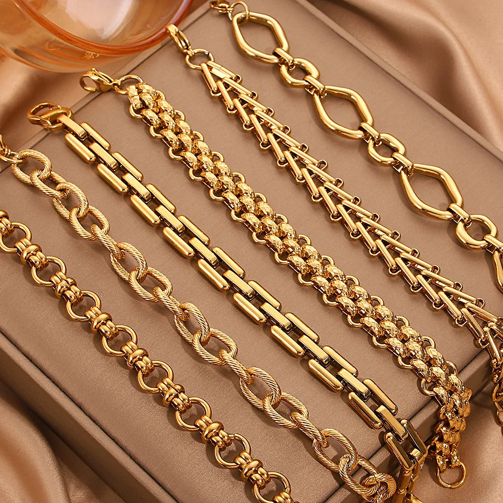 Fashion Gold Plated Stainless Steel Bracelets for Women Unique Geometric Circle Thick Chain Wrist Bracelet Waterproof Jewelry