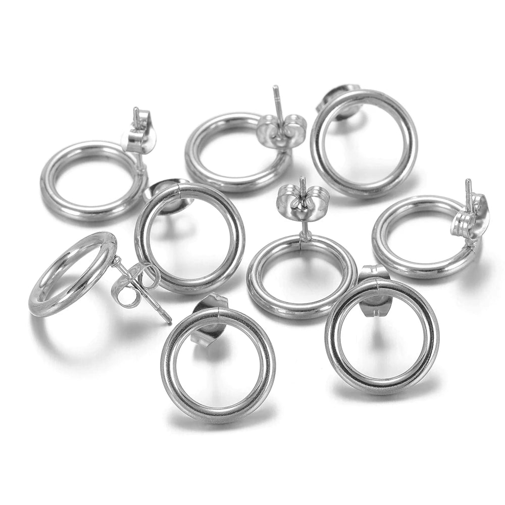 Silver round hollow stud earrings set (10 pairs) with circular hoops and post backs