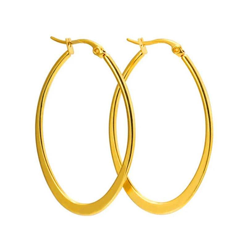 Pair of slim gold-tone oval hoop earrings with hinged post closures