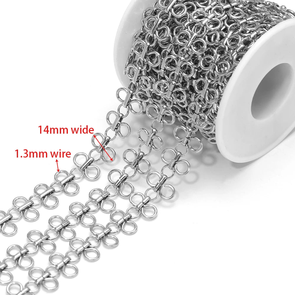 Steel bow knot chain on a white spool, 14mm wide with 1.3mm wire