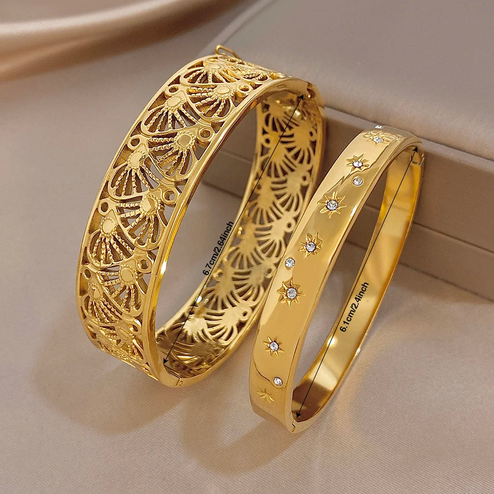Retro Geometric Hollow Textured Zircon Cuff Bangle Exquisite Gold Plated Stainless Steel Wrist Bracelets Waterproof Jewelry Set