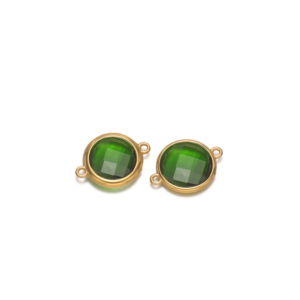 Round faceted green glass charm with gold-tone loop, for DIY jewelry making