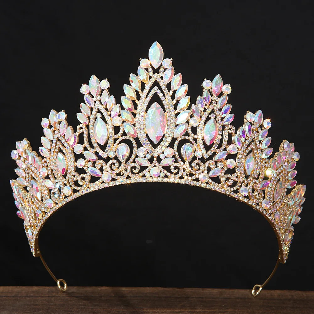 Opal pink and white rhinestone tiara headband with teardrop details and gold-tone edge
