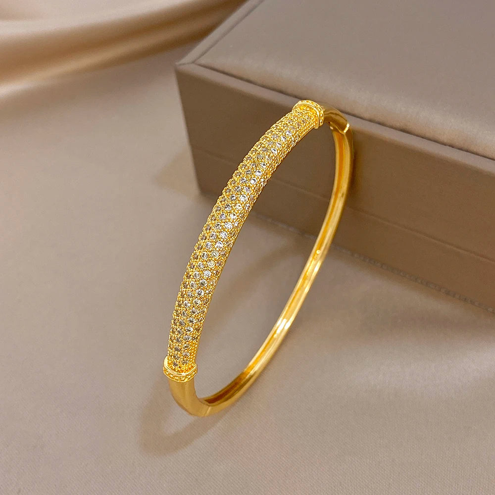 Gold-plated cuff bangle with pavé zircon band