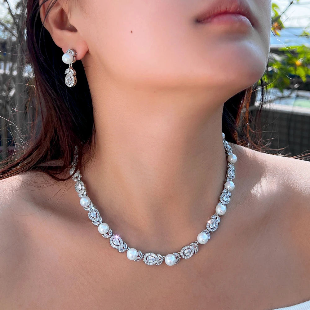 Pearl bead cubic zirconia necklace with matching drop earrings, white-tone metal