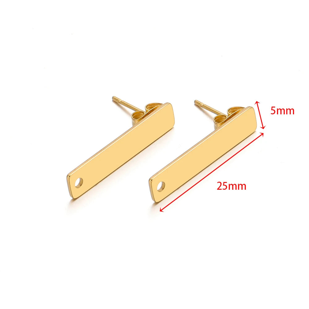 Gold long bar stud earrings, 25mm, small round hole detail