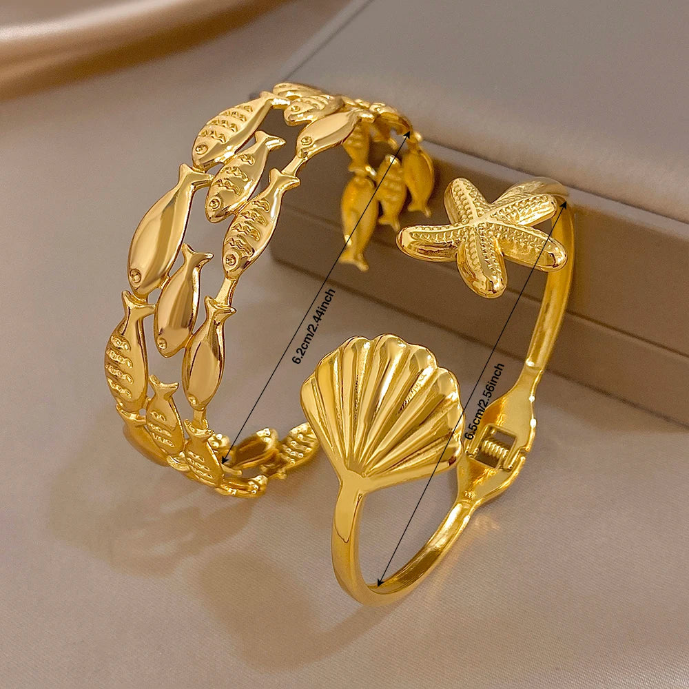 Chic Geometric Fish Shell Starfish Wide Bracelet for Women Glossy Gold Plated Stainless Steel Cuff Bangles Waterproof Jewelry Se