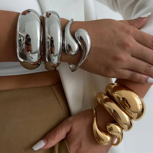 Gold Color Retro Geometric Round Open Cuff Bangles Jewelry Gift For Women