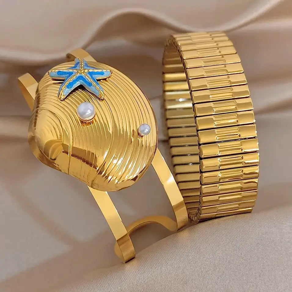 Fashion Gold Plated Stainless Steel Bracelet for Women High Quality Starfish Seashells Cuff Bangle Bracelets Waterproof Jewelry