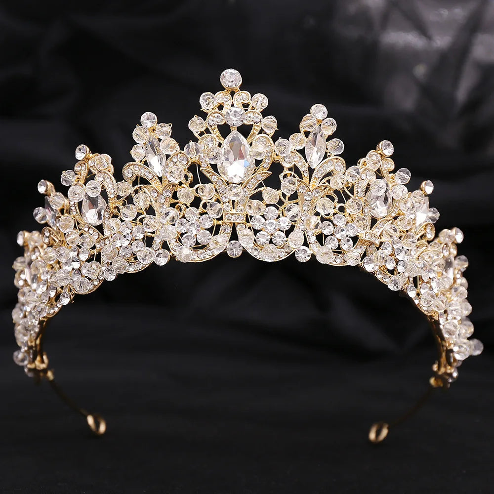 Gold-toned crystal bridal tiara with clear stones and ornate crown silhouette