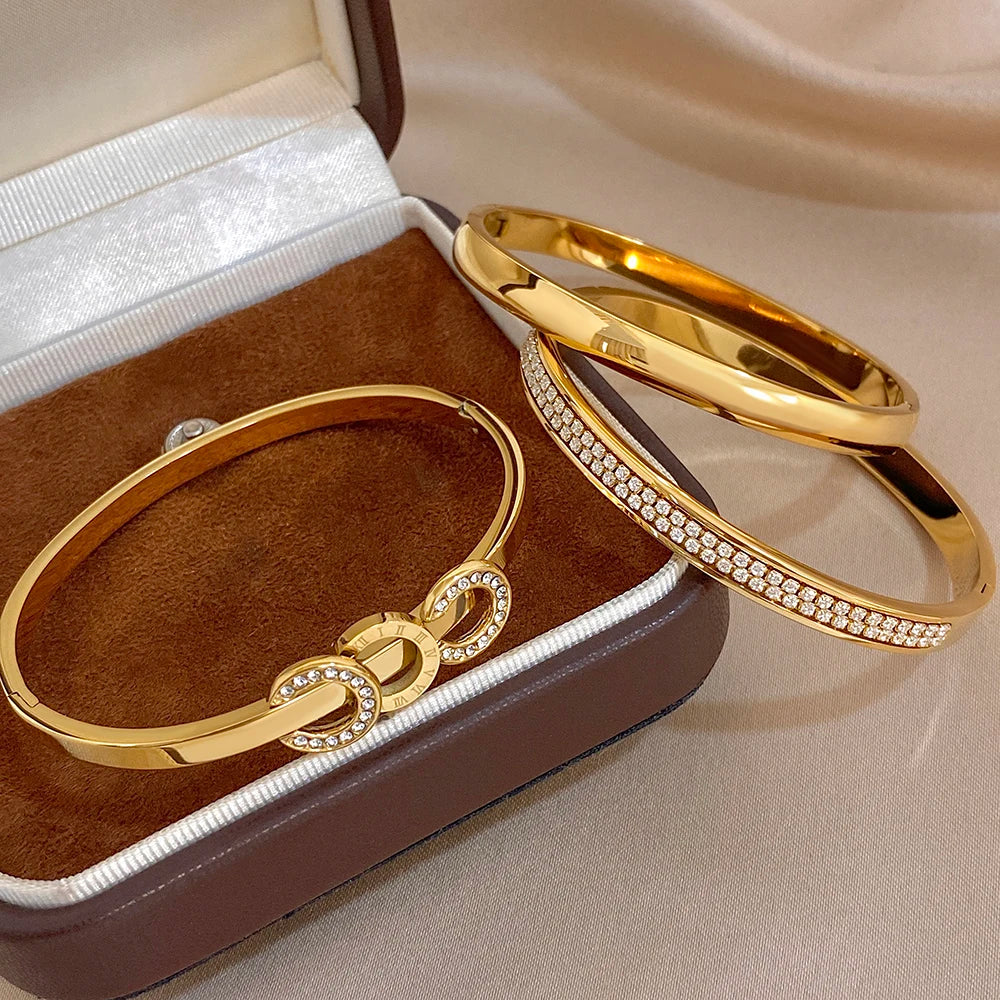Glossy Gold Plated Stainless Steel Cuff Bangle for Women Trendy Micro Inlaid Zircon Stackable Bracelets Waterproof Jewelry