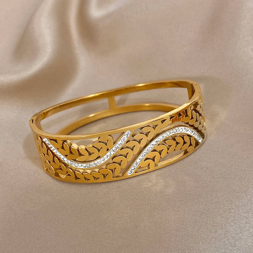 Exquisite Zirconia Wheat Wrist Bracelet for Women Trendy Gold Plated Stainless Steel Cuff Bangle Bracelets Waterproof Jewelry