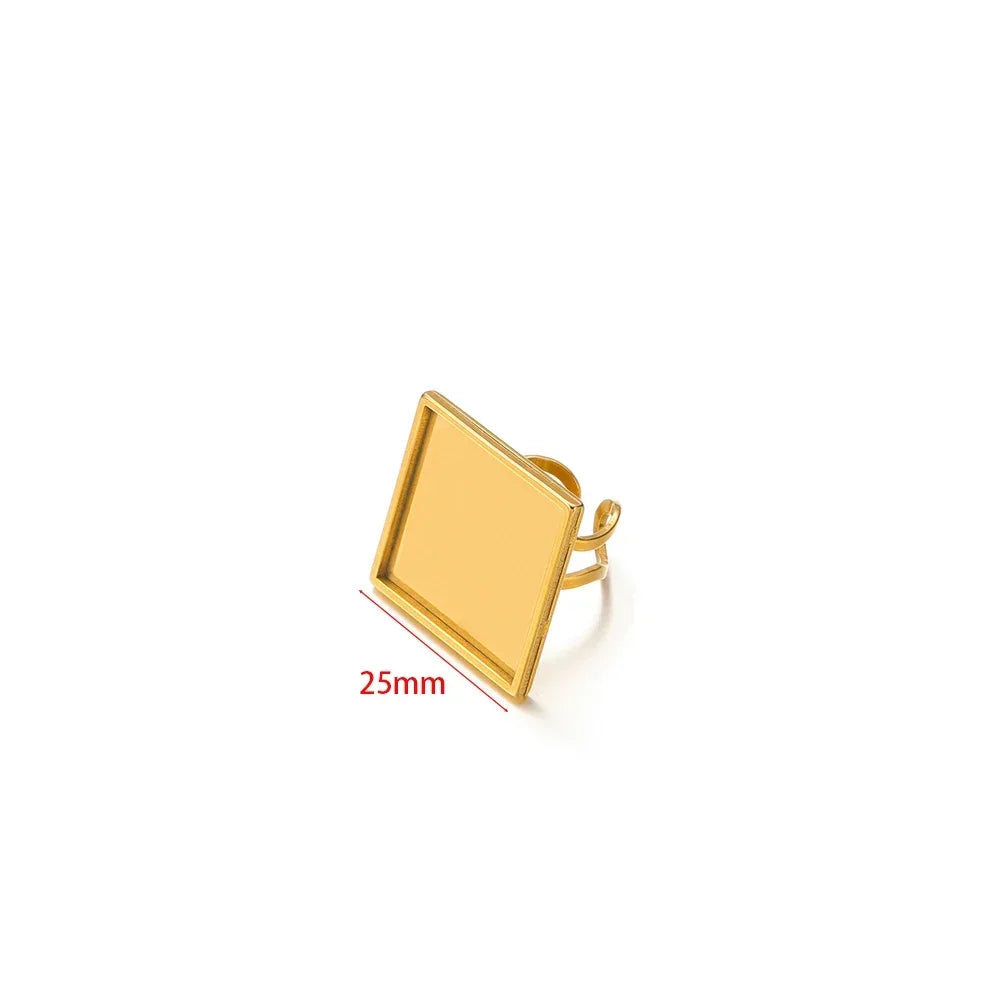 Gold square open ring base, 25mm cabochon tray setting