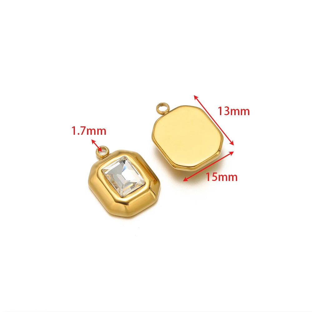 Gold square rhinestone pendant charm with clear crystal and plain backing disc