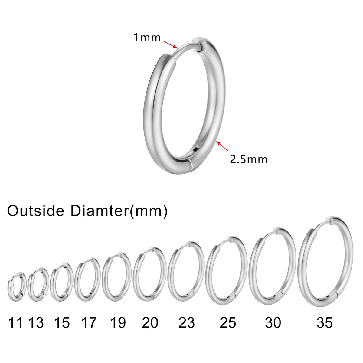 Silver hoop earring with 1 mm post and 2.5 mm band; size range shown from 11 to 35 mm.