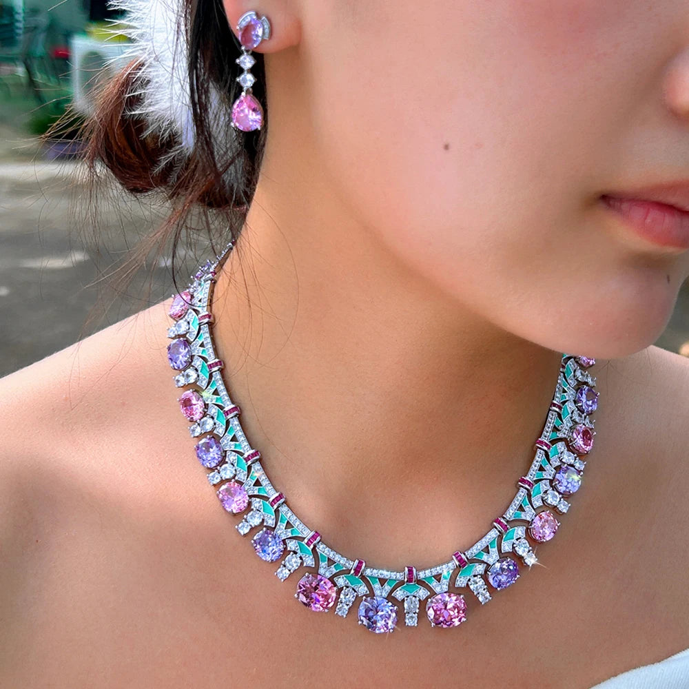Handmade Multicolor CZ Crystal Jewelry Sets for Women Drop Earrings &Necklace Enamel Wedding Engagement Gift