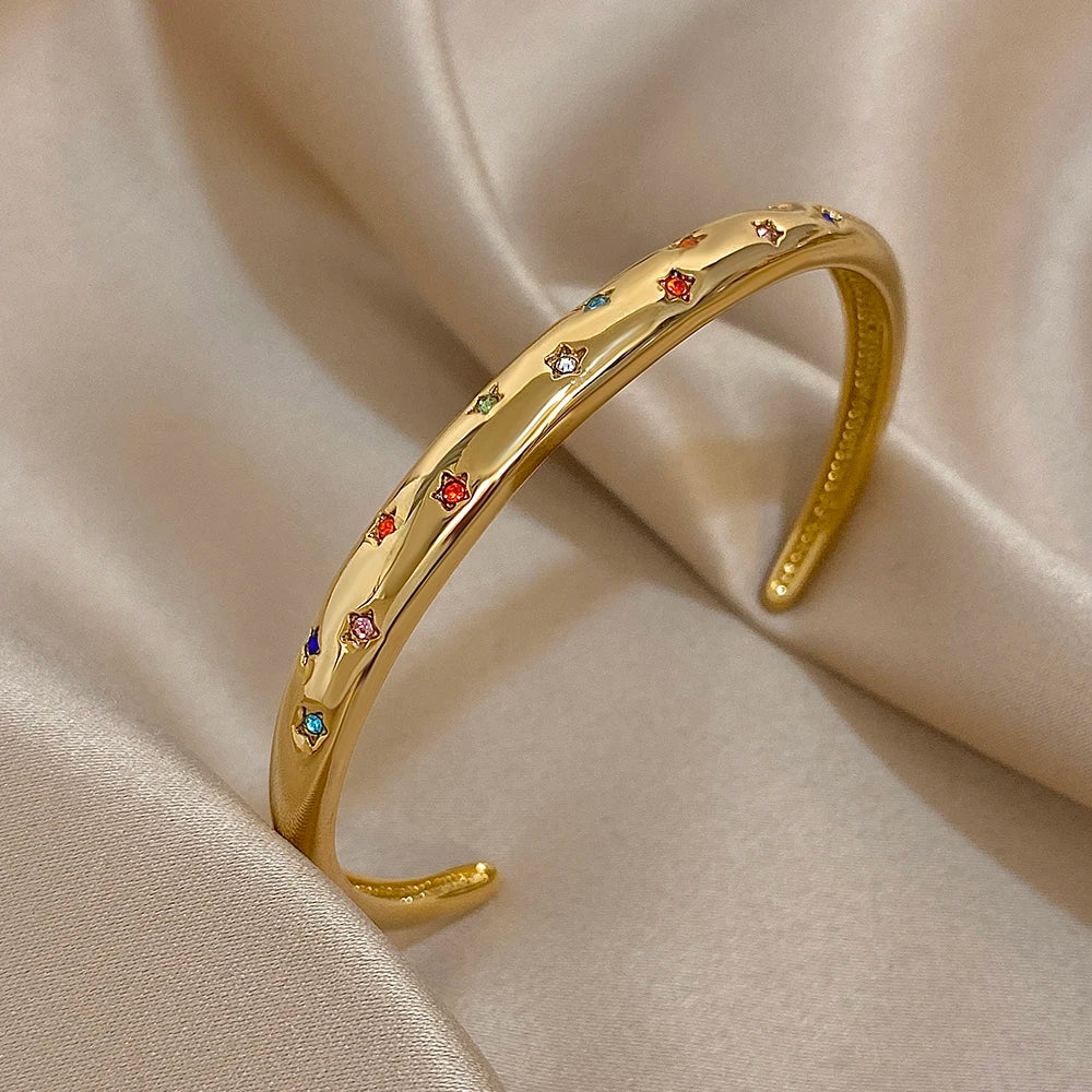 Delicate Colorful Zircon Cuff Bangle Bracelets for Women Trendy Gold Plated Stainless Steel Smooth Bangles Waterproof Jewelry
