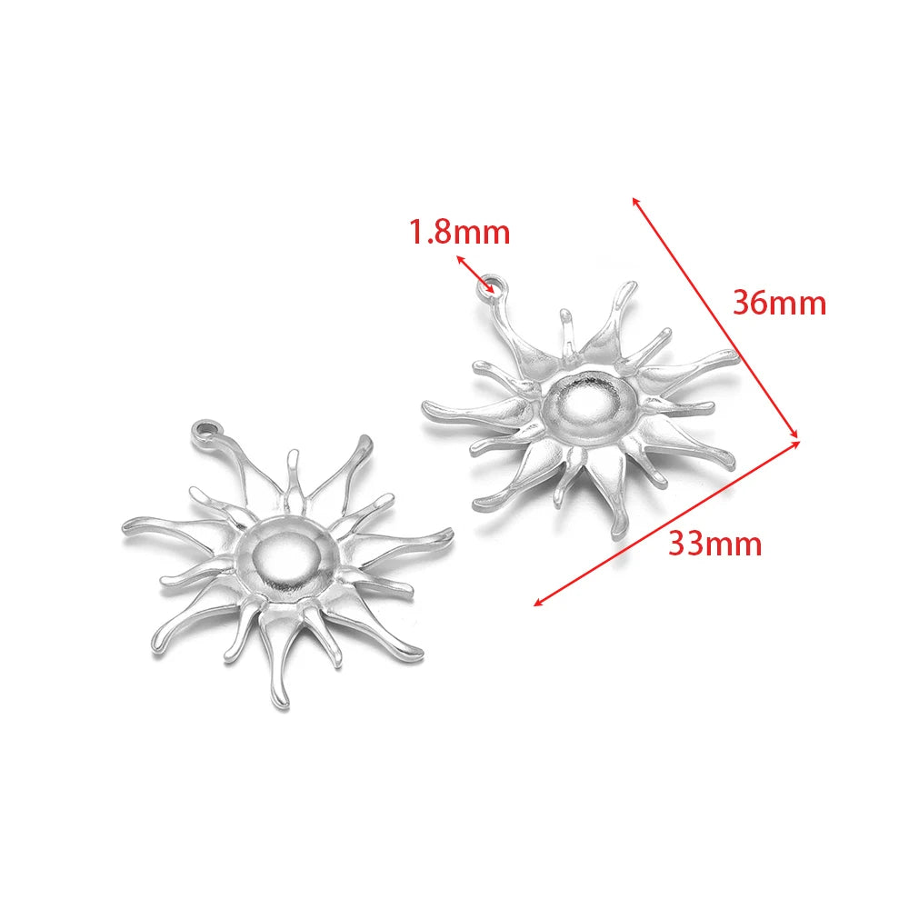 Silver-tone smiling sun charms with hanging loops, size measurements shown