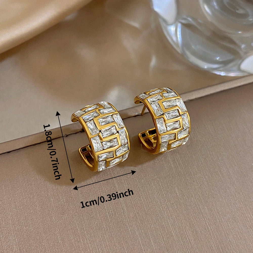 Gold geometric zircon hoop earrings, 1.8 cm by 1 cm