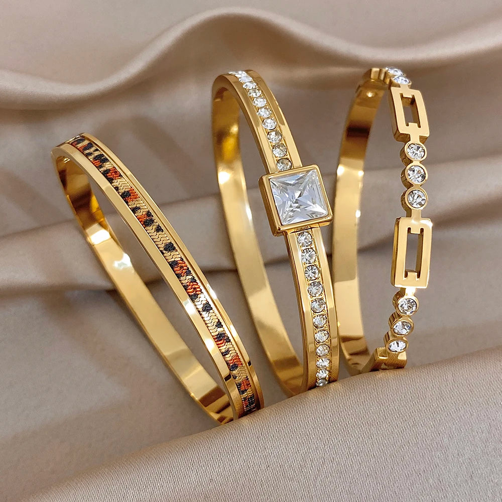 Trendy Gold Plated Stainless Steel Cuff Bangle Bracelets for Women Shiny Geometric Zircon Stackable Bracelet Waterproof Jewelry